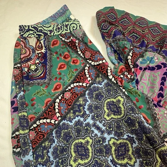 Umgee Patchwork Wide Legs Ruffle Hem Boho Festival Hippie Women's Pants Size M - Picture 2 of 12